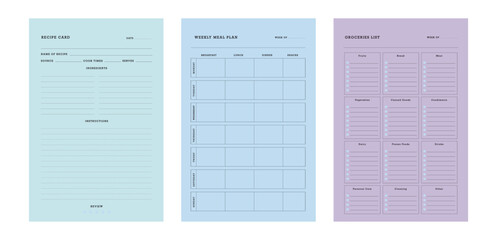 3 set Meal Planner and groceries list planner. Plan you food day easily. Vector illustration.