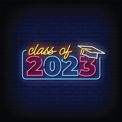 Neon Sign class of 2023 with brick wall background vector