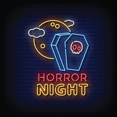 Neon Sign horror night with brick wall background vector