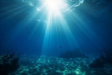 Fototapeta na wymiar Mesmerizing deep blue ocean floor with sandy bottom illuminated by beautiful rays of light. Generative AI
