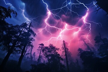 Intense electric flashes amidst dense trees under a purple sky. Generative AI