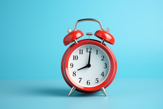 Red alarm clock on blue background. Generative AI