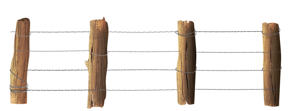 Wooden fence with steel wire.Wood log fence pole