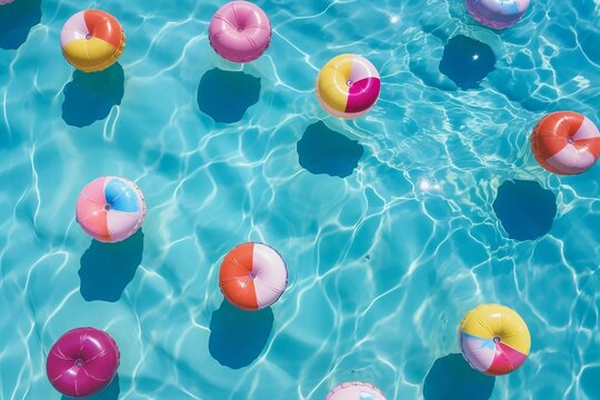 Top view of vibrant pool floats on a blue water background. Generative AI