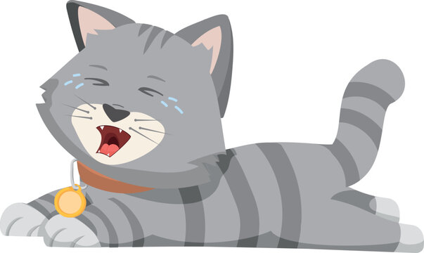 Crying gray cat. Unhappy cartoon animal character