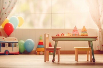 Blurred child room or kindergarten background with a wooden desk. Generative AI