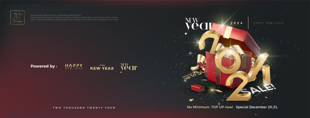 Happy new year vector background sale, with gold numerals and luxury gift boxes on dark background. Premium design for marketing in early 2024.