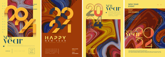 Happy new year 2024 colorful poster. Vector design with colorful paint ink illustration on yellow background. Premium design vector happy new year 2024.