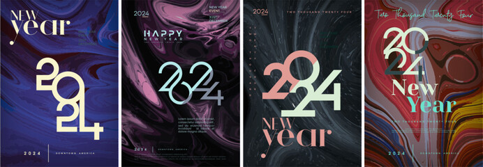 Happy new year 2024 with colorful downtown america illustration as a background. Vector magazine cover with unique numbers. Premium design vector happy new year 2024.