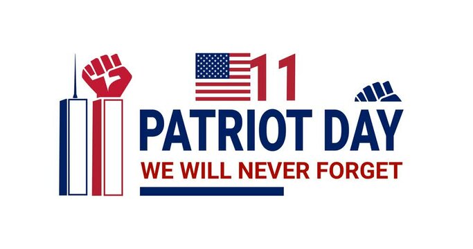 Patriot Day: We Will Never Forget. Text animation with an ornament on a transparent background. Suitable for a tribute that captures the solemnity and remembrance of the September 11, 2001 attacks.