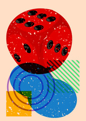 Dice with speech bubble and geometric shapes. Luck concept in trendy riso graph design. Geometry elements abstract risograph print texture style.