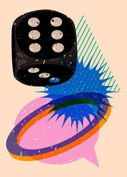 Dice with speech bubble and geometric shapes. Luck concept in trendy riso graph design. Geometry elements abstract risograph print texture style.