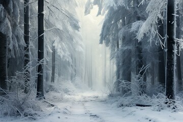 Fototapeta na wymiar Misty winter forest adorned with snowy trees. Generative AI