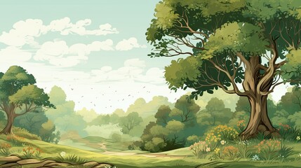 Forest landscape background with complementing tree and plant illustrations.