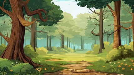 Obraz premium Forest landscape background with complementing tree and plant illustrations.