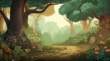 Forest landscape background with complementing tree and plant illustrations.
