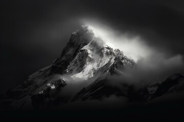 Beautiful black and white photo capturing a misty mountain peak illuminated by mountaintop light. Generative AI