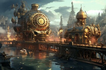 A futuristic scene with steam-powered technology and a steampunk vibe. Generative AI