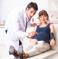 Fototapeta premium Young doctor checking pregnant woman's blood pressure