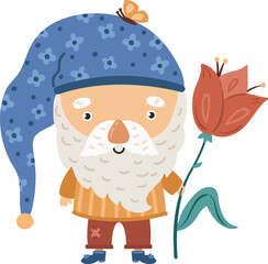 Garden gnome with tulip. Cute tiny old man with beard