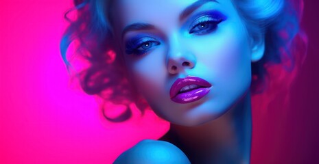 Fashion studio portrait of young woman beautiful makeup, bright neon colors, Pretty young woman face on the neon colors background, model poster design for adverticement