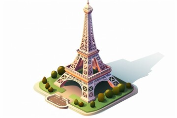 Isolated white cartoon Eiffel Tower in isometric style. Generative AI