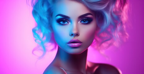 Fashion studio portrait of young woman beautiful makeup, bright neon colors, Pretty young woman face on the neon colors background