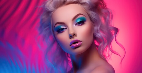 Fashion studio portrait of young woman beautiful makeup, bright neon colors, Pretty young woman romantic face on the neon colors background, model for fashion adverticement banner