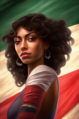 photo realistic, brown skin latin sensual woman, mexican flag,.generative ai