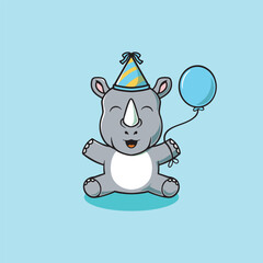 Cute happy rhino on party cartoon illustration