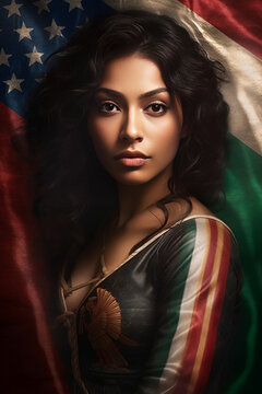 photo realistic, brown skin latin sensual woman, mexican flag,.generative ai