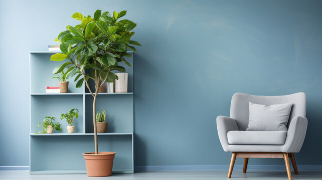 photograph of Comfortable armchair, shelving unit and houseplant near blue wall.generative ai