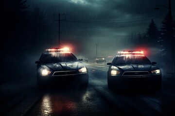 Fototapeta na wymiar Police cars in pursuit through foggy night responding to emergency 911 call. Generative AI