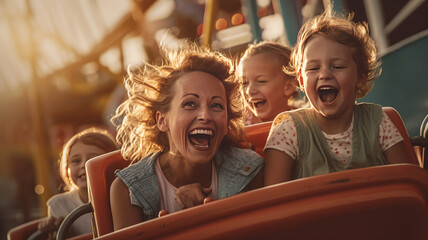 photograph of Mother and children riding a rollercoaster at an amusement park.Generative ai