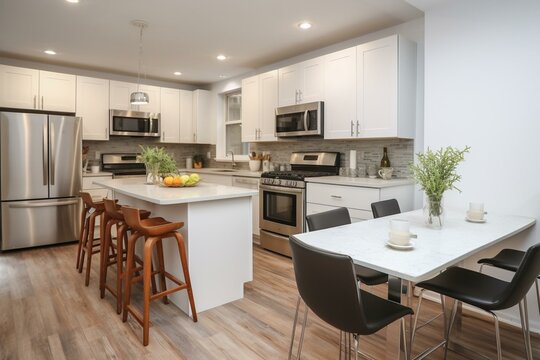 Beautifully renovated townhome with updated kitchen, bedrooms, white paint, and finished basement. Generative AI
