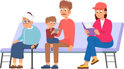 People waiting and sit on couch. Men and woman in queue