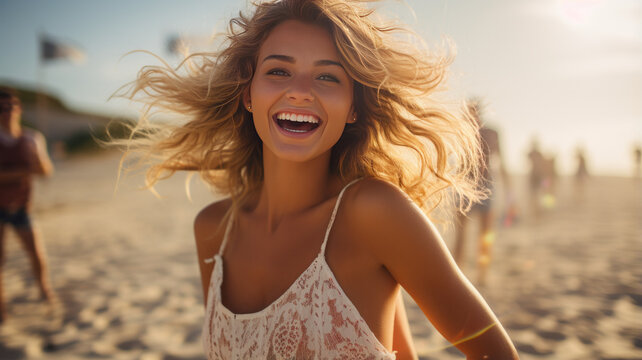 photograph of Summer Beach portrait of excited blonde woman smiling wide.
