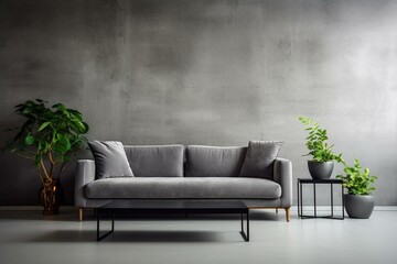 Sofa, table, living room, plant, concrete wall. Generative AI