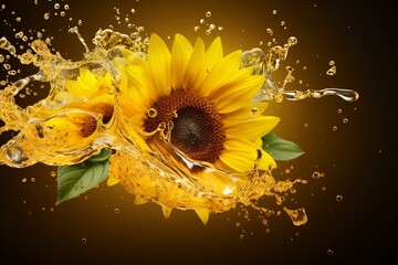 Organic sunflower oil splash with fresh sunflower, promoting healthy food, skincare, beauty, cosmetics, nutrition. Generative AI