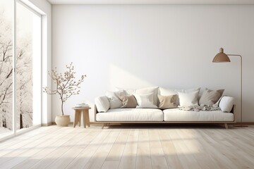 3D rendering of a spacious white Scandinavian room with wooden floor and white background. Generative AI
