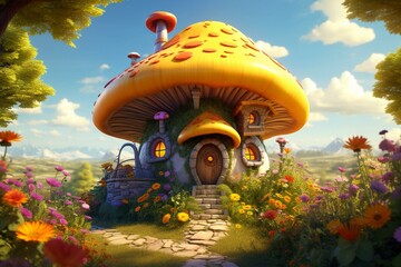 Artwork showing a cute mushroom-shaped house surrounded by vibrant sunflowers. Generative AI