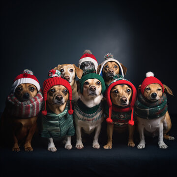 grupo de perros con ropa de invierno, gorros y pijamas, con fondo neutro obscuro en &eacute;poca navide&ntilde;a