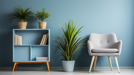 photograph of Comfortable armchair, shelving unit and houseplant near blue wall.generative ai