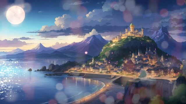 dream lovely anime cityscape. Mountain Village with sparkling lake, Aurora Borealis and fireworks. Beautiful island. Seamless loop 4k animation