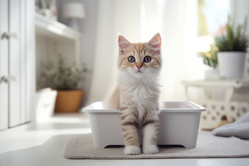 photograph of Cute cat near litter box in room.generative ai