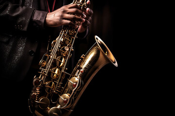 Fototapeta premium photograph of Saxophone player Saxophonist playing jazz music instrument .generative ai