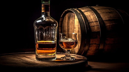 photograph of Scotch whiskey bottle with glass of whiskey and old wooden barrel.generative ai