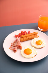 breakfast egg fried ham and sausage breakfast in studio shooting