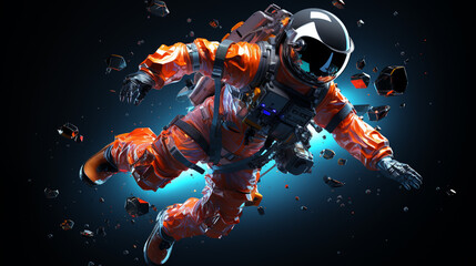 Fototapeta na wymiar 3D neon polygon image of astronaut floating in space on black background