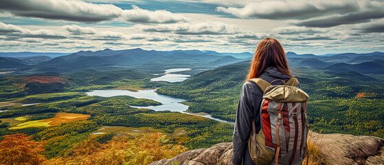 A woman backpacker hiking in the mountains with an over the shoulder shot of a scenic view. A greater summer vacation in nature.